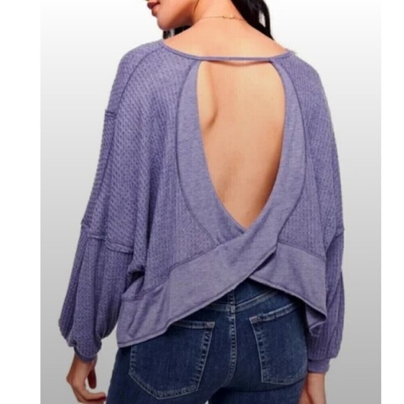 Free People Womens Size XS Blue Love Me Thermal Waffle Sweater Dolman Sleeve Top - Picture 3 of 14